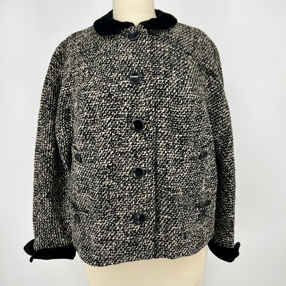 Vtg 50s Frederick & Nelson Wool Tweed Blazer Jacket Large Velvet Trim Gray Black